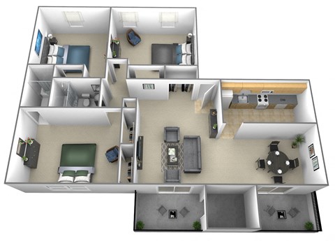 Floor plan for 3 beds, 2 baths, 985 sqft